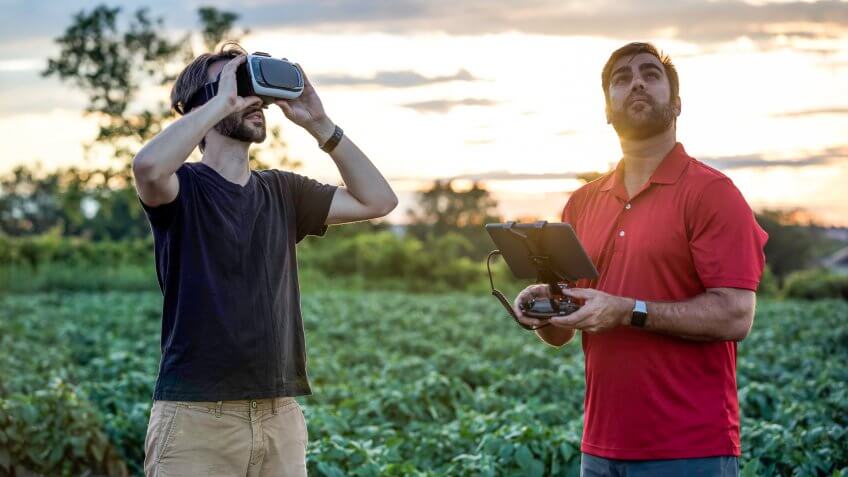 Friends Using Drone and Virtual Reality Headset Outdoor.
