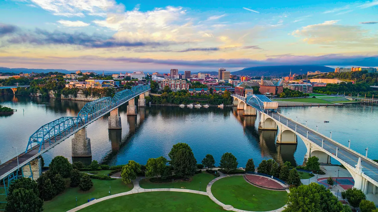 Aerial of Chattanooga Tennessee TN Skyline.