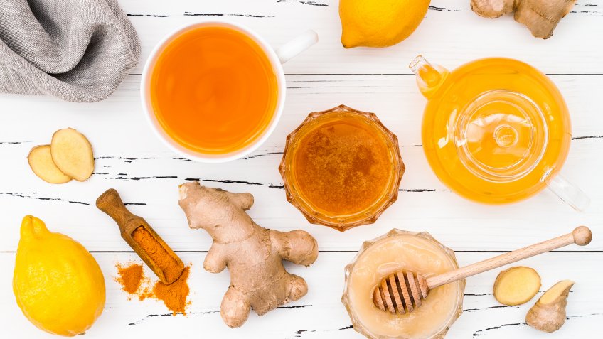 Hot lemon water with ginger, cayenne, turmeric and honey