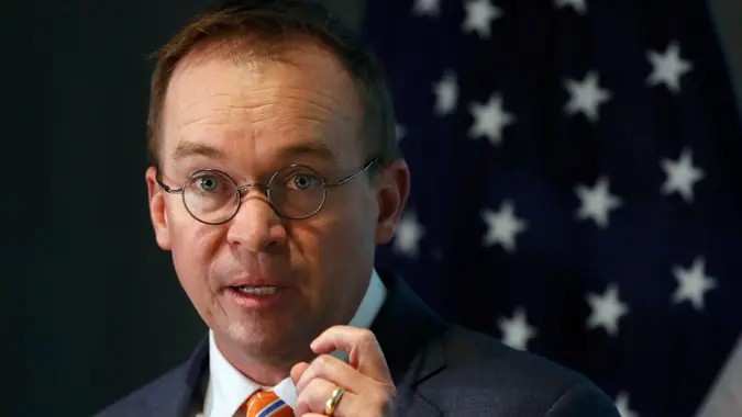 Photo by Jacquelyn Martin/AP/REX/Shutterstock Mick Mulvaney speaks during a news conference after his first day as acting director of the Consumer Financial Protection Bureau in WashingtonConsumer Agency, Washington, USA - 27 Nov 2017.