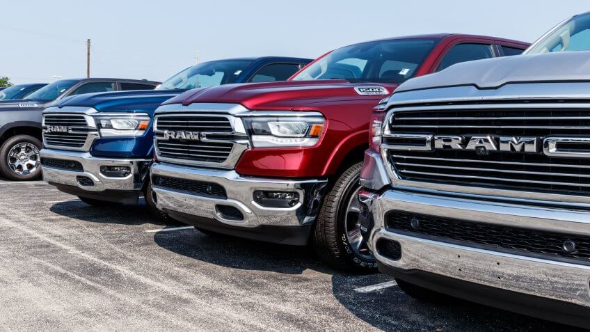 Noblesville - Circa August 2018: Ram 1500 Pickup Trucks at a Dodge dealership.