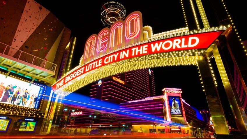 "Reno, Nevada, USA - April 20, 2012: downtown Reno Nevada lights at night".