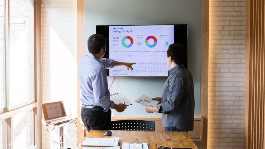 Businessman present the monthly college budget in front of TV to his colleagues during meeting.