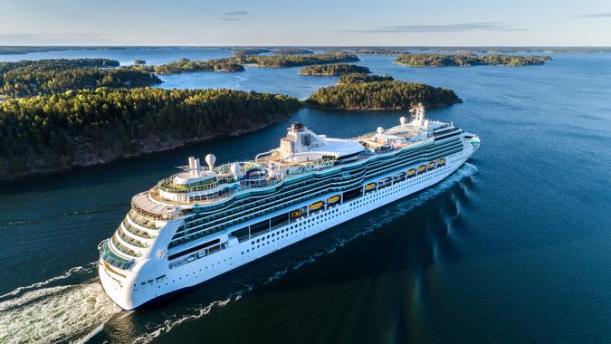 Skeppsdal, Stockholm, Sweden - July, 8th 2018: Serenade of the Seas Cruiser Ship passing by in the Stockholm Swedish archipelago.