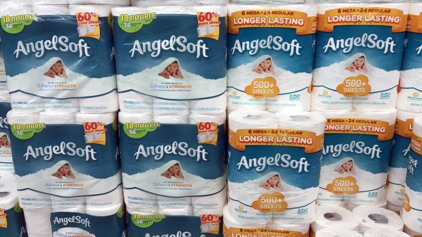 Altoona, Wisconsin, October, 19, 2017 Several packages of Angel Soft bathroom tissue on a grocery store shelf Angelsoft was introduced to the United States in 1987.