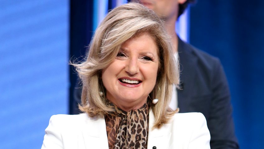 Arianna Huffington smiling on National Geographic Valley of the Boom tv show panel
