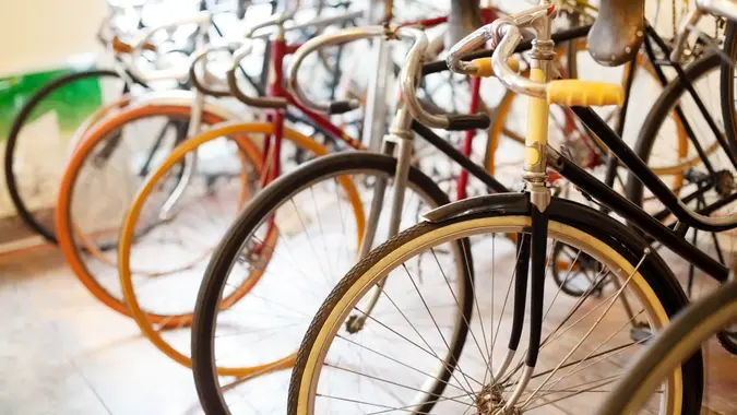 Bicycles parked in a bike shop.