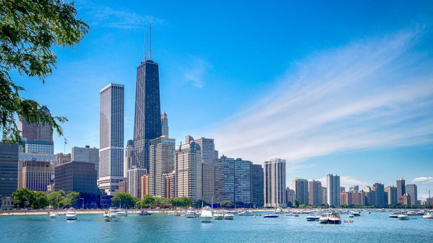 Chicago downtown skyline and the blue sky.
