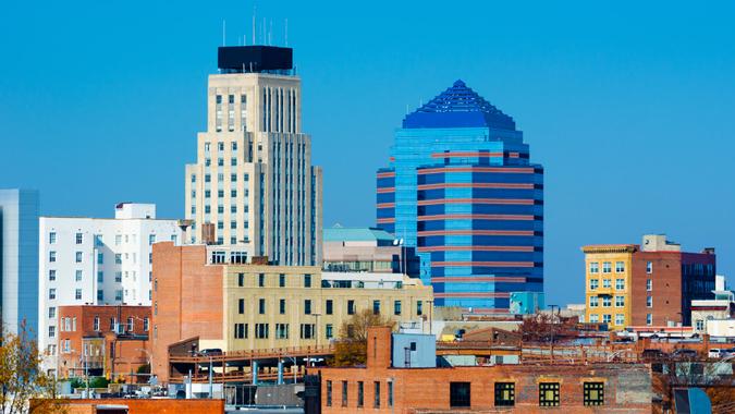 Durham, NC skyline with the Hill building on the left and Durham Centre on the right.