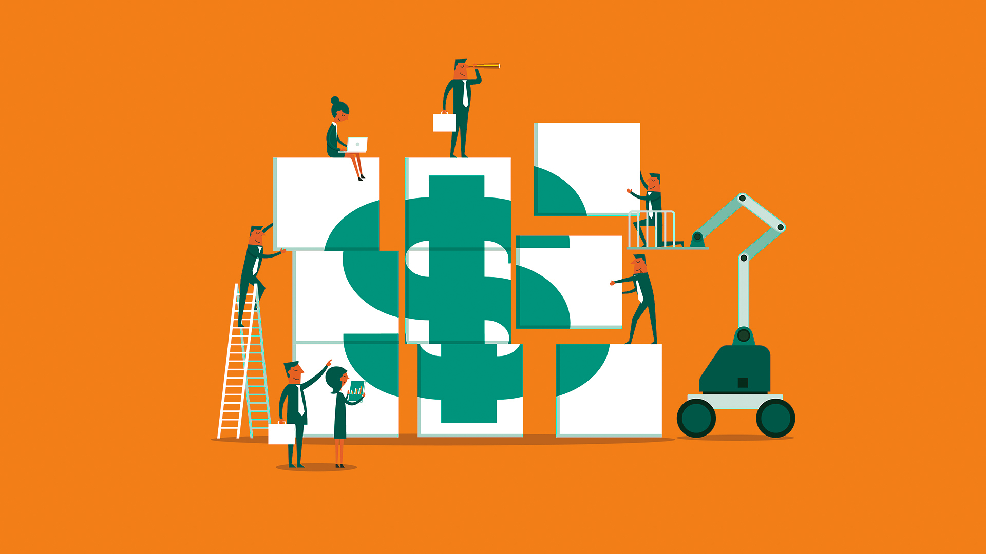 Illustration of a group of people moving pieces of a dollar sign