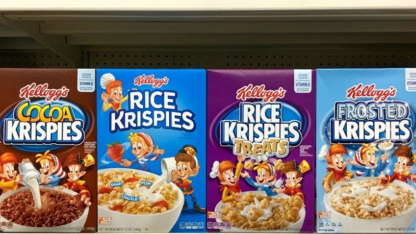 San Leandro, CA - October 15, 2017: Grocery store shelf with boxes of Kellogg's brand Rice Krispies in various flavors