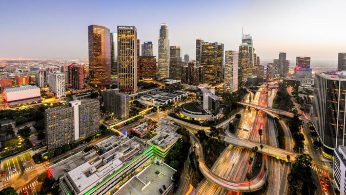 Aerial Downtown Los Angeles Skyline at Night Aerial image of downtown Los Angeles, California at night.
