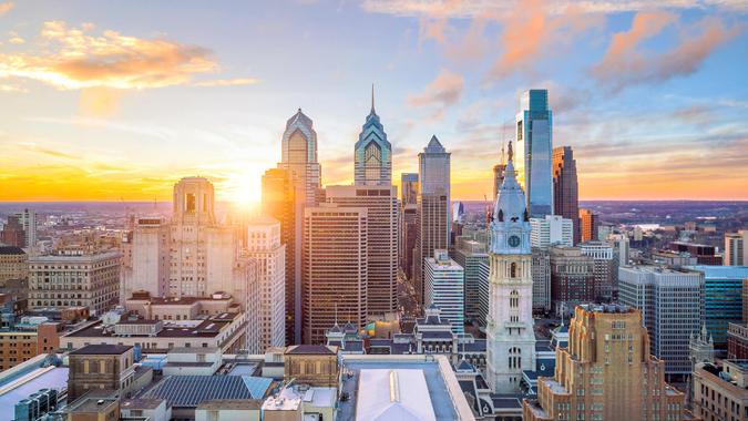 Skyline of downtown Philadelphia at sunset USA.
