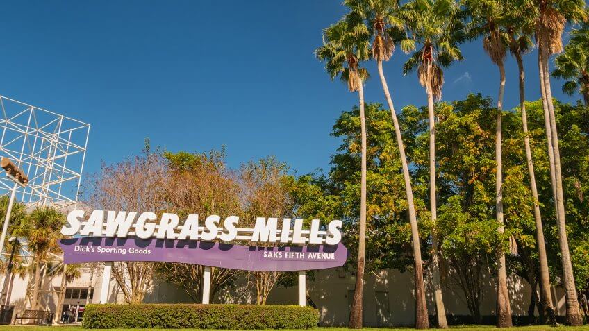 Sunrise, Florida, USA - January 08, 2019 : Sawgrass Mills outlet and famous shopping center and mall in Florida, United States.