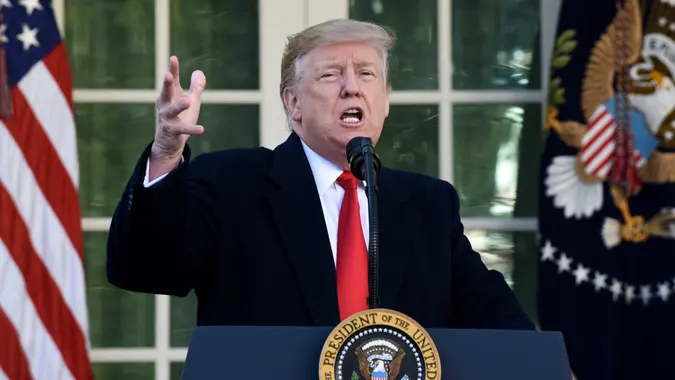 US President Donald J. Trump makes a statement announcing that a deal has been reached to reopen the government through Feb. 15 during an event in the Rose Garden of the White House in Washington, DC, USA, 25 January 2019. Trump announced a deal had been reached to end the ongoing partial shutdown of the federal government. The shutdown began when Congress and Trump failed to strike a deal on border security before a 22 December 2018 funding deadine. US President Donald J. Trump in the Rose Garden of the White House, Washington, USA - 25 Jan 2019