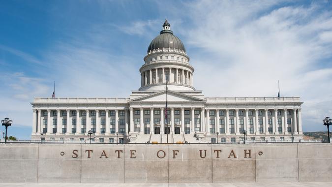 The state capitol building of Utah, located in Salt Lake City, stands atop a hill overlooking the city.