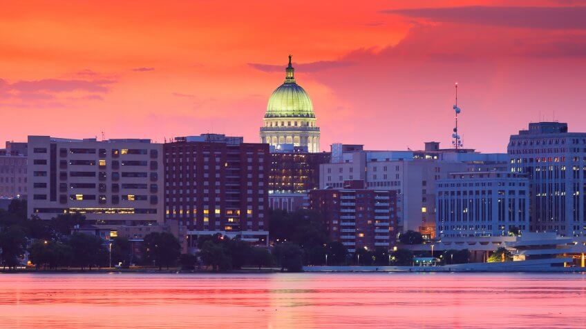 Wisconsin state capital in Madison at sunset