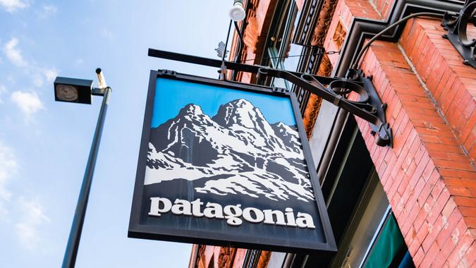March 15, 2018 Pasadena / CA / USA - Patagonia sign in front of the store located in downtown Pasadena.