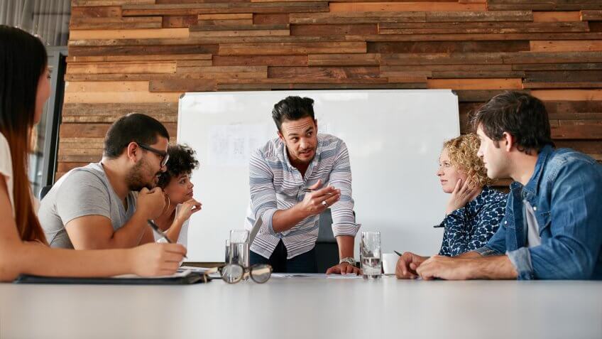 Brainstorming in a boardroom of creative office .