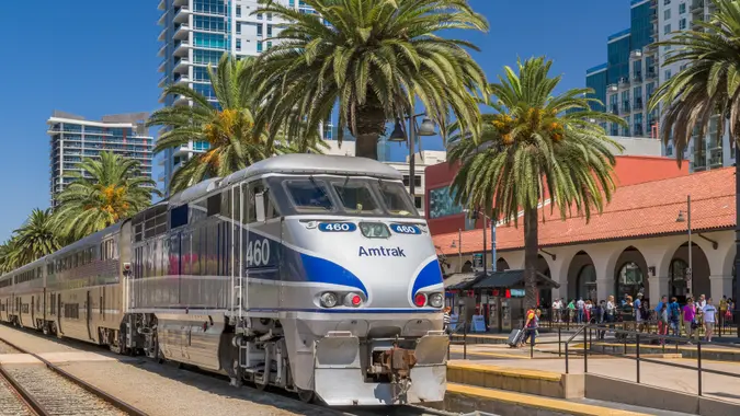 Amtrak train making a stop in San Diego