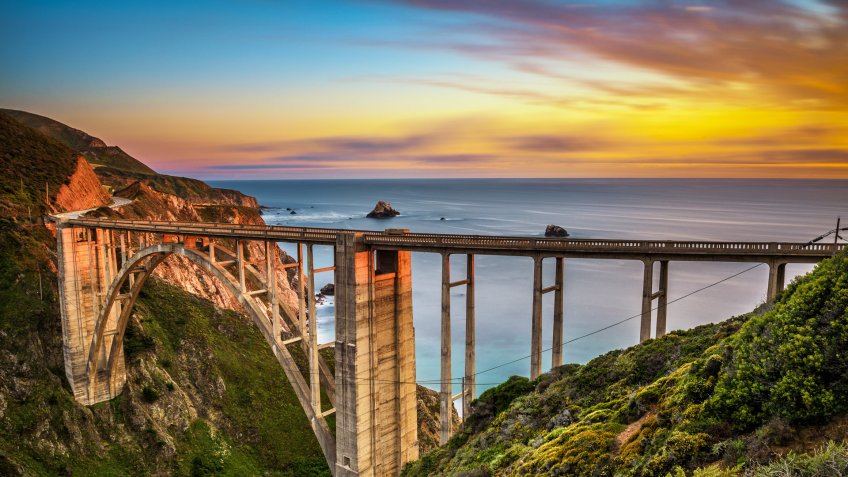 Bixby Bridge (Rocky Creek Bridge) and Pacific Coast Highway at sunset near Big Sur in California, USA.