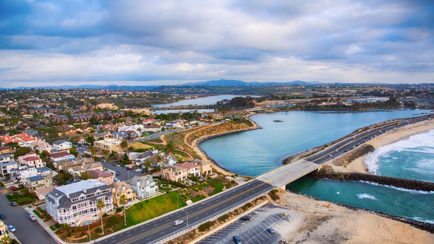 The Agua Hedionda Lagoon located adjacent to Tamarack Beach in Carlsbad, northern San Diego County, California.
