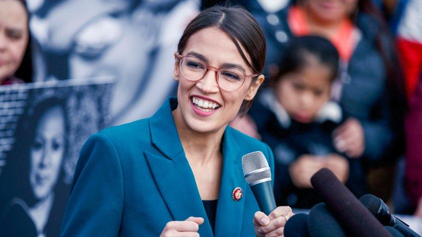Democratic Representative Alexandria Ocasio-Cortez delivers speech