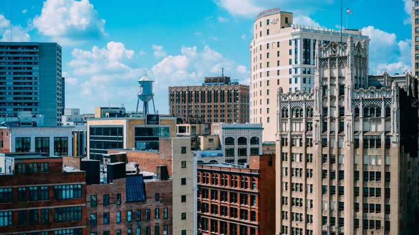 Detroit Michigan view of high-rise buildings