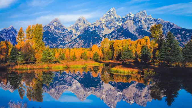 Grand Teton mountain range with Snake River in Wyoming