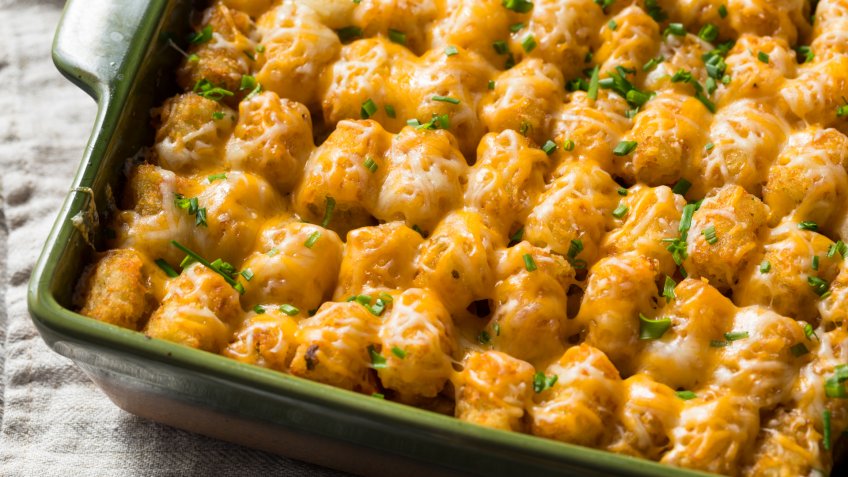 Homemade Tater Tot Hotdish Casserole with Beef and Cheese.