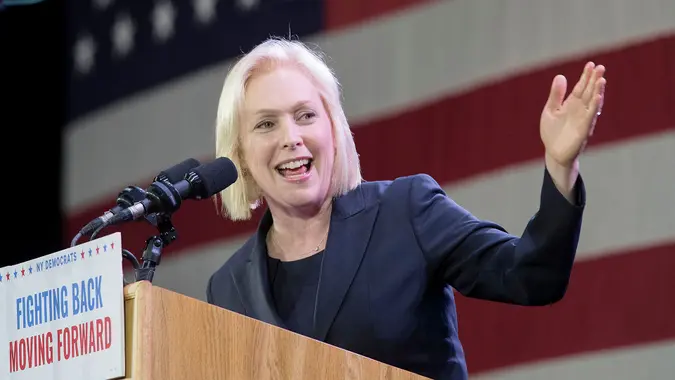 Sen. Kirsten Gillibrand speaks to supporters during an election night watch party