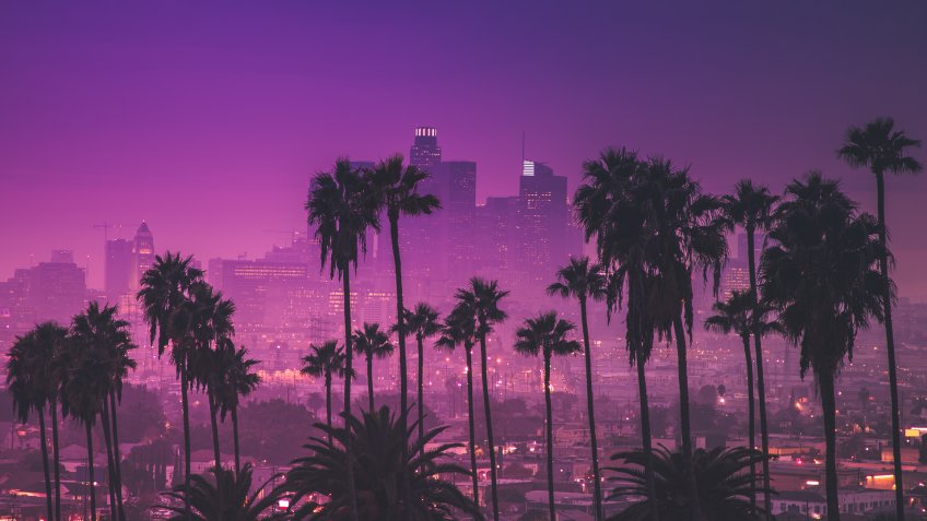 Downtown Los Angeles, California with palm trees and purple sky