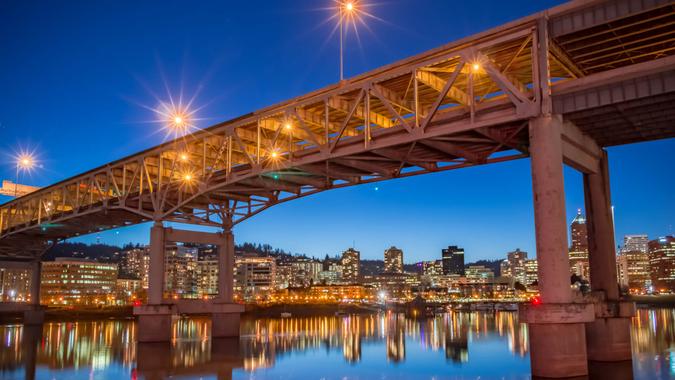 Evening sets upon the Willamette River in beautiful downtown Portland, Oregon.