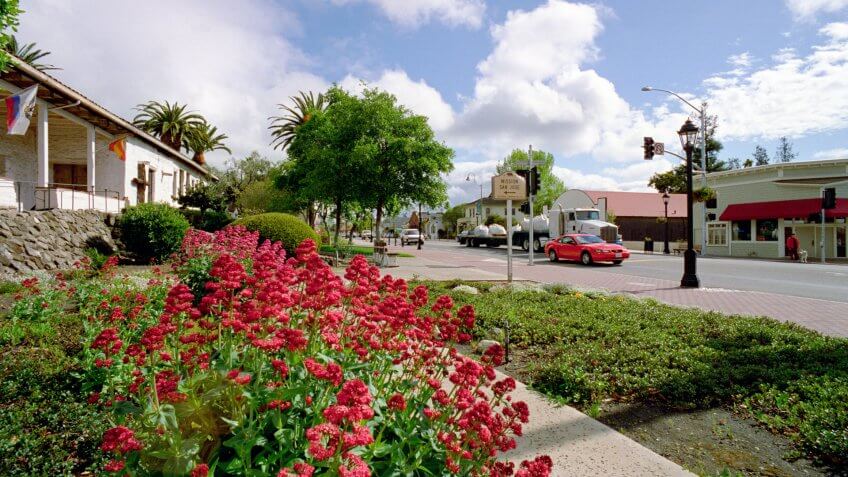 Colorful scene outside historic Mission San Jose in Fremont, California.