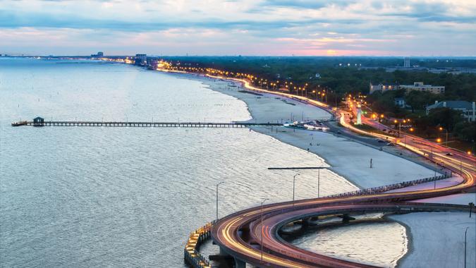 Biloxi beach at sunset looking west from intersection of Hwy 90 and I110.