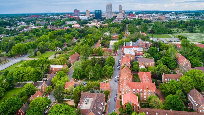 View of Old Salem and downtown Winston-Salem, North Carolina.