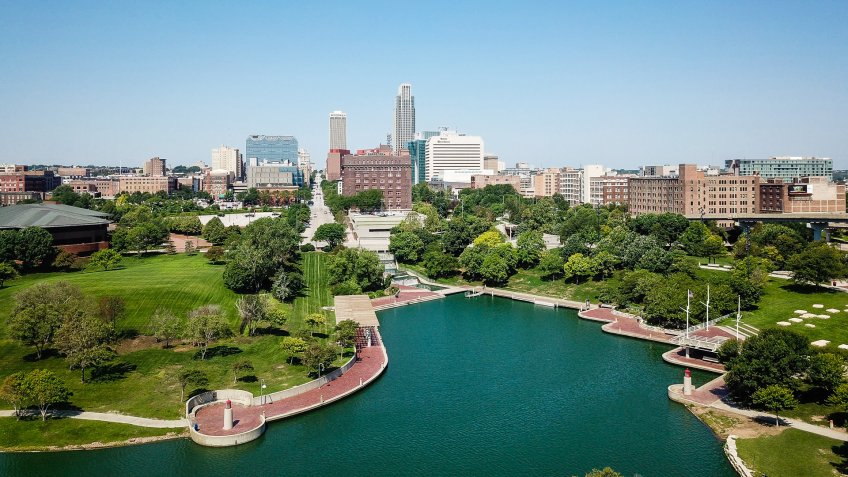 Aerial Drone Photography of Downtown Omaha Nebraska.