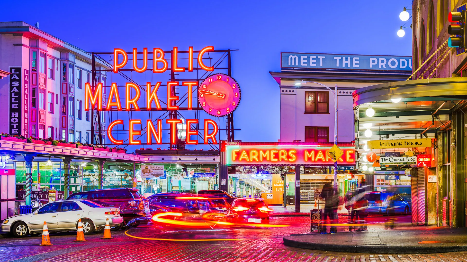 Pikes Place Market on waterfront in Seattle Washington at dusk