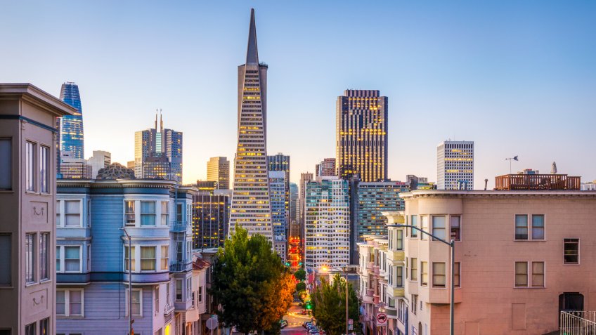 Financial district of San Francisco at sunrise.