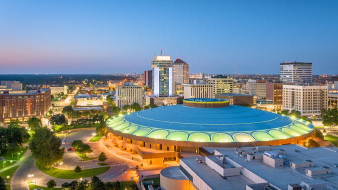 Wichita, Kansas, USA downtown skyline at dusk.