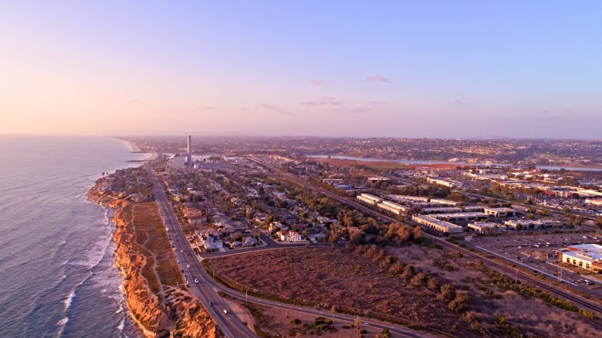 aerial view of Carlsbad and Vista California at sunset