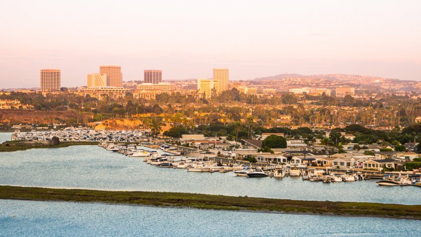 The beautiful skyline in Orange County, Southern California during a summer sunset.