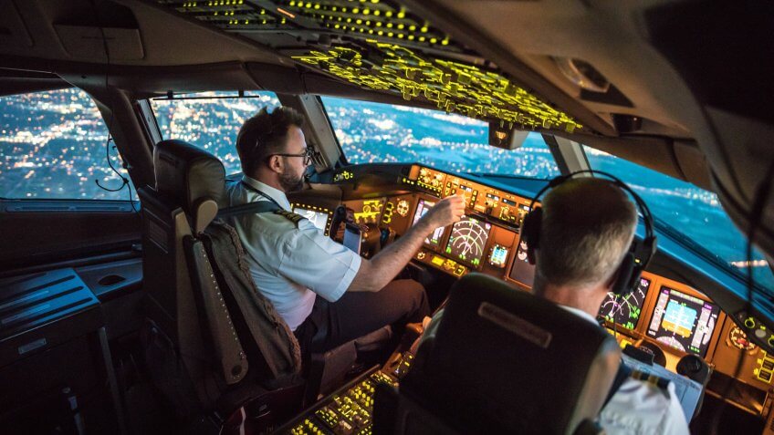 Two pilots at work during departure of Dallas Fort Worth Airport in United States of America.