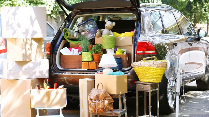 car filled with moving boxes