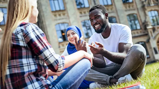 college students hanging out in the campus quad