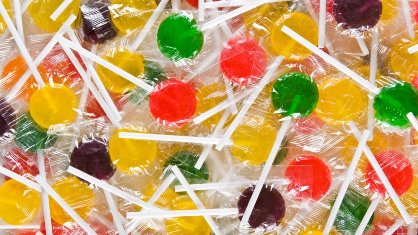 Group of wrapped colorful lollipops.