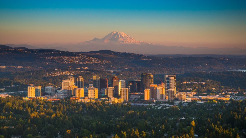 Downtown Bellevue, Washington with Mt. Rainier