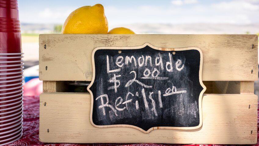 Close-up of prices for a cute lemonade stand in the US.