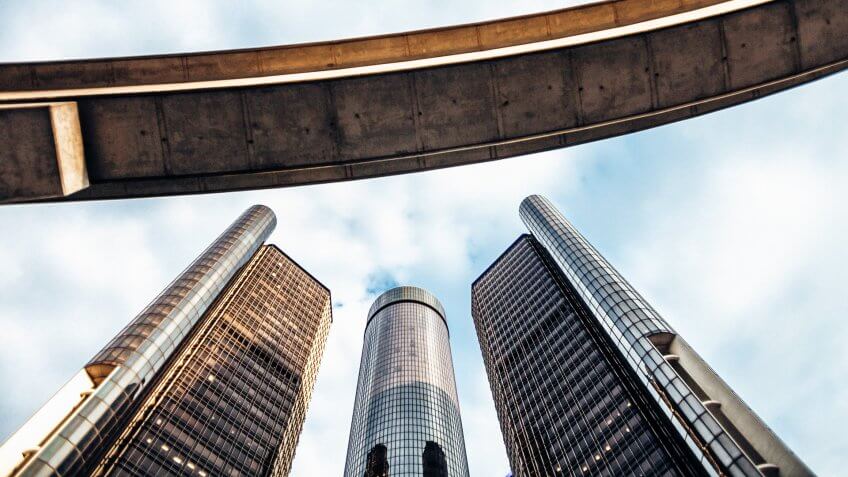looking up at GM building in Detroit Michigan