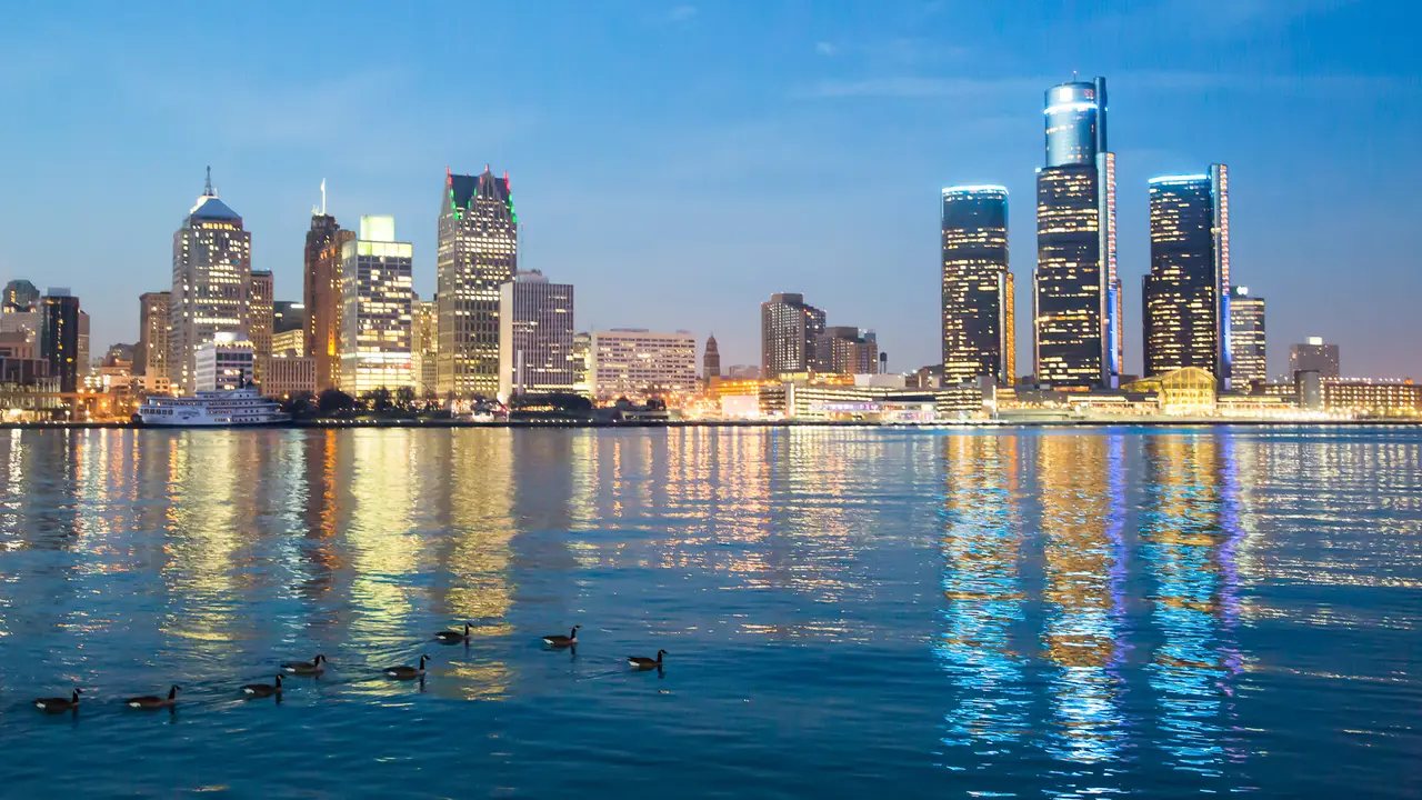 Detroit Skyline during the evening as seen from Windsor Ontario.